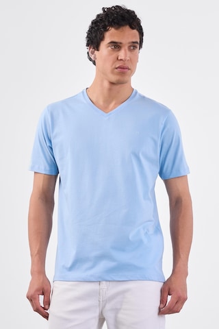 Dufy Açık Mavi V Yaka Pamuklu Düz Renk Slim Fit Erkek T-shirt Mavi