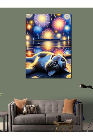 Kanvas Tablo Havai Fişekler Ve Kedi 50cmx70cm