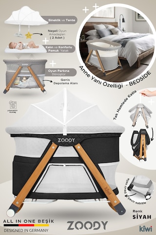 Kiwi Zoody Park Yatak Ve Oyun Parkı Bebek Beşiği, Anne Yanı Beşik, Park Beşik, Sallanan Beşik -siyah Renk