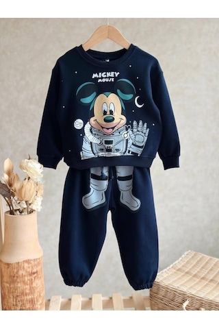 Lolliboomkids Erkek Çocuk Mickey Mouse Uzayda Temalı Astronot Mickey Baskılı Sweatshirt Eşofman Alt Üst Takım Eşofman Takımı Lacivert