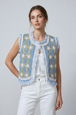Saade Sââde Kadın Bisiklet Yaka Zincir Nakışlı & Saçaklı Denim Crop Yelek Mavi