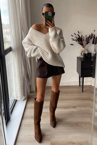 Madmext Ekru Oversize V Yaka Triko Kazak Mg1440
