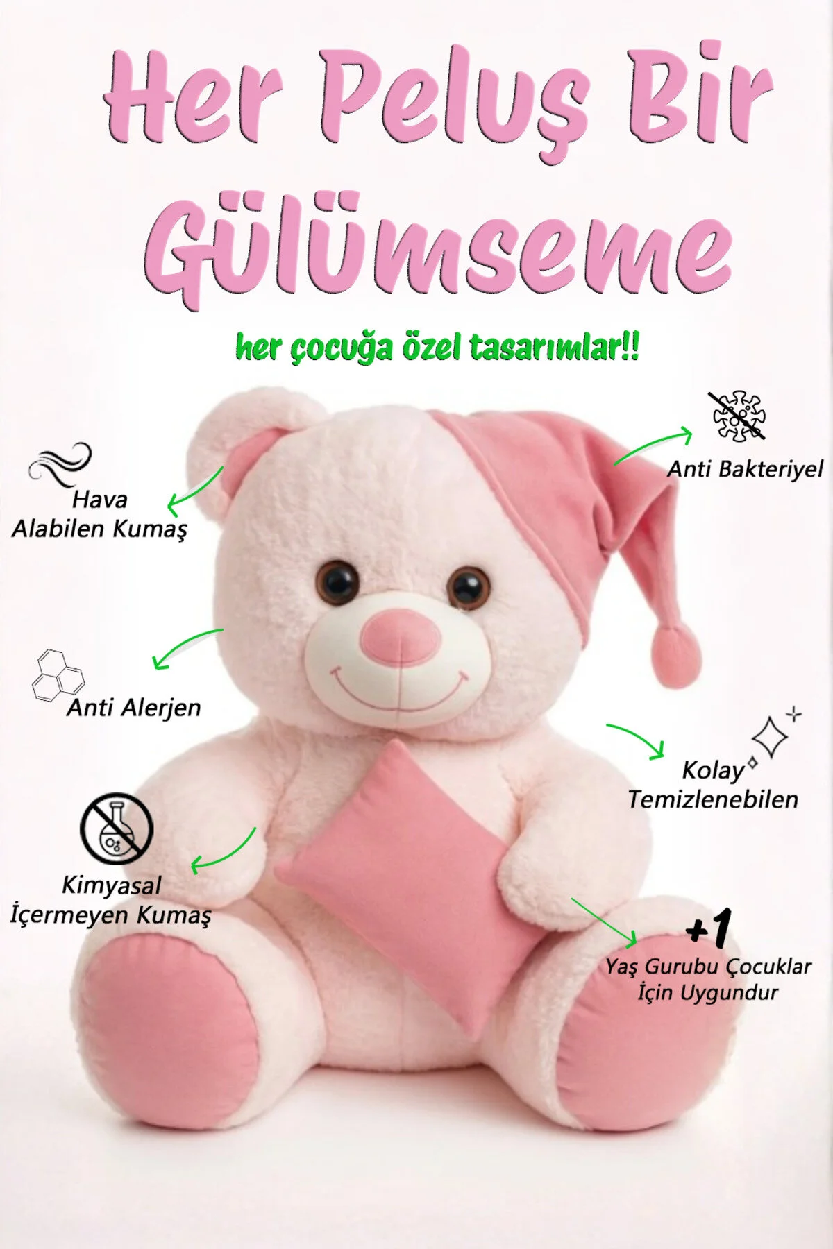 Ayıcık Şapkalı Yastıklı Ayıcık 55cm - Ayıcık & Sevimli Açık Pembe