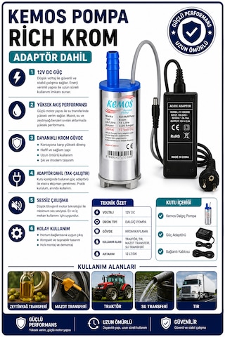 220-12 Volt Rich Krom Dalgıç Adaptörlü Mazot Aktarma Sıvı Transfer Pompası 220-12 Volt Rich Krom Dalgıç Adaptörlü Mazot Aktarma Sıvı Transfer Pompası