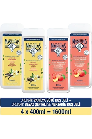 Le Petit Marseillais Organik Vanilya Sütü Duş Jeli 400 ml x2 + Beyaz Şeftali ve Nektarin Duş Jeli 400 ml x2