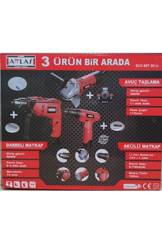 Attlas Eco Set 3G Li Darbeli Matkap + Akülü Matkap + Avuç Taşlama