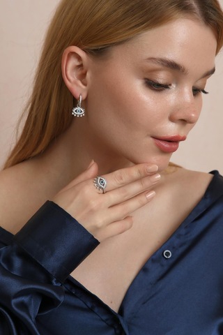 Madam Matmazel Kirpikli Göz Nazar Model Gümüş Takı Set, Tamamı 925 Ayar, Kadın, Kübik Zirkon Taşlı Gümüş