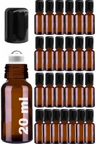 Çelik Roll On Şişesi 20 ML Sızdırmaz Siyah Kapaklı Amber Cam Şişe 25 Adet