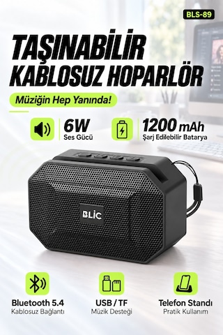 Blic Bls-89 Bluetooth 5.4 Taşınabilir Hoparlör Siyah 6w Rms, Telefon Standlı, Usb Ve Tf Kart Destekl