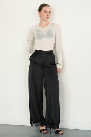 Verymoda Paçası Dantelli Saten Pantolon D2969 Siyah