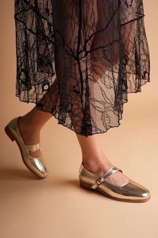 Analin Shoes Kadın Hakiki Deri Toka Detaylı Babet Altın
