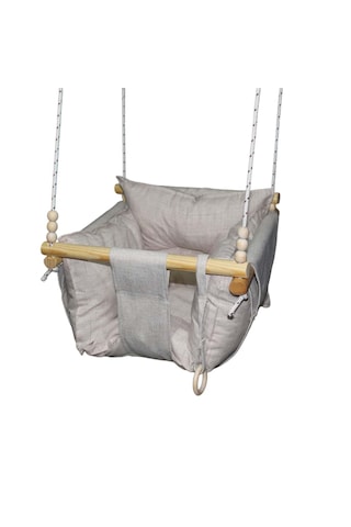 Ahşap Çocuk & Bebek Salıncağı Krem Rengi Minder Yastık Ve Diş Halkalı Tavan Salıncak