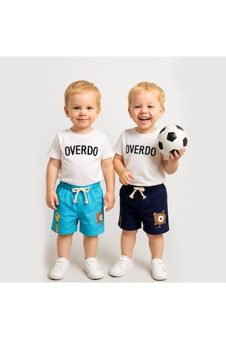 Overdo Kids 2ip Ayıcık Baskılı Beli Lastikli Unisex Şort Lacivert