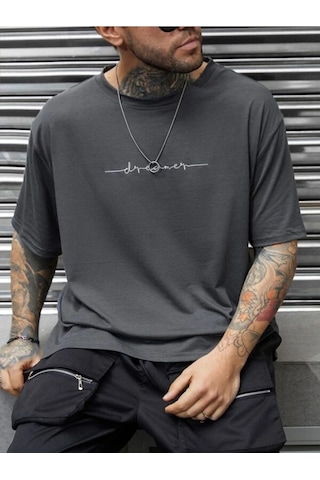 Flood Of Style Erkek Füme Dreamer Baskılı Oversize Gri