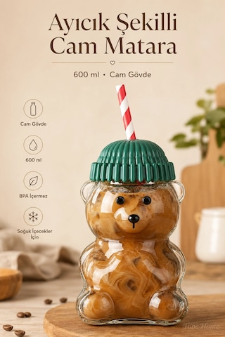 Tilbe Home Ayıcık Şekilli Cam Su Matarası 600 Ml Beyaz Pipetli Kapaklı Suluk Soğuk İçecek Kokteyl Bardağı Sevim