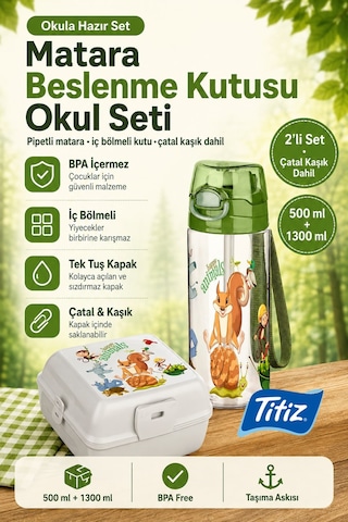 Okul İçin Plastik Çocuk Su Matarası Ve Beslenme Kabı Seti 500 Ml Yeşil