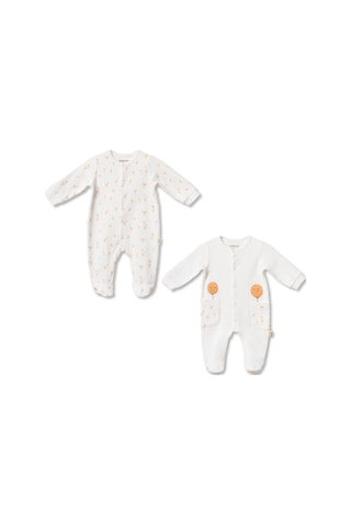 Babycosy Organic Wear %100 Organik Pamuk,2 Li Patikli Bebek Tulum Yenidoğan Uzun Kollu Çıtçıtlı Tulum Seti Unisex Bebek Ekru