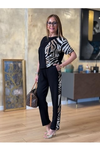 Ge Ticaret Kadın Bisiklet Yaka Kısa Kol Leopar Desen Bluz Ve Pantolon Ikili Takım Siyah