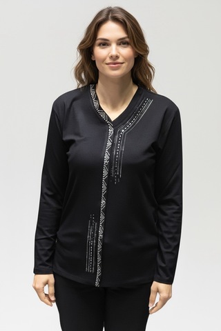 Kadın Önü Kapalı Düğme Detaylı Taşlı Nergis Mevsimlik Bluz Siyah