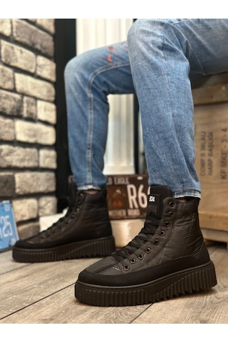 Ba0811 Boa Yüksek Siyah Taban Siyah Paraşüt Kumaş Cilt Detaylı Yarım Bilek Spor Bot Siyah