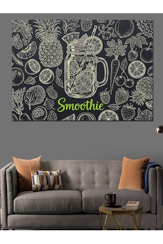 Siyah Beyaz Meyve Desenleri Ve Smoothie Bardağı Dekoratif Kanvas - Mdf Ahşap Tablo