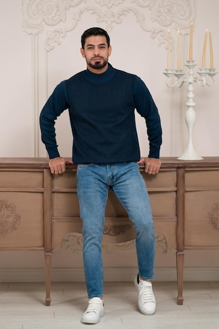 Woolen World Balıkçı Yaka Desenli Yünlü Erkek Triko Kazak Lacivert