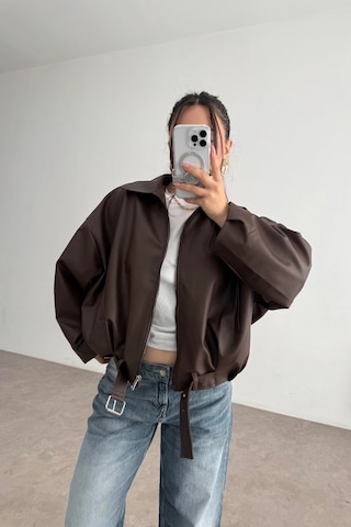 Pop Story Kadın Oversize Bomber Premium Deri Ceket Kemerli Kahverengi Kahverengi
