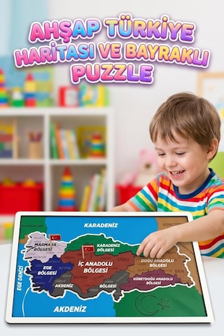 Benim Güzel Vatanım Ahşap Türkiye Haritası Ve Bayrağı Eğitici Montessori Çocuk Puzzle