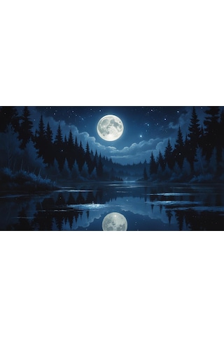Doğa Ve Manzara Yatay Sakin Bir Gölün Üzerinde Parlayan Dolunay Suda Yansıyan Yıldızlar 04 Çerçevesiz 90x60cm Pvc Tablo