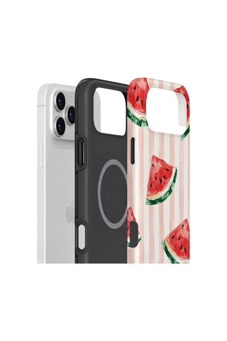 Apple iPhone Uyumlu 17 Pro Vorian Çift Katmanlı Magsafe Kılıf Watermelon Blush Stripe