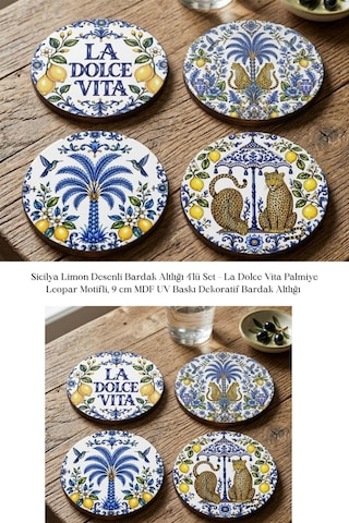 Sicilya Limon Desenli Bardak Altlığı 4lü Set La Dolce Vita 9 Cm Mdf Uv Baskı Çok Renkli