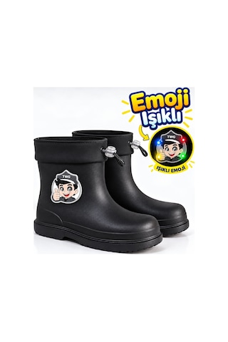 Twingo Çocuk Kışlık Emojili Işıklı Konforlu Yağmur Çizmesi Unisex Siyah