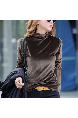 Kahve Kış Sıcak Balıkçı Yaka Uzun Kollu Kadife Gömlek Yüksek Yaka İnce Zarif Lüks Kadife Bluz Bahar Üstleri Kahverengi