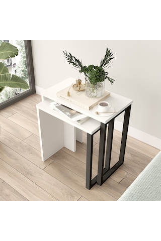 Robin Home Lidya 2'li Zigon Sehpa Yan Sehpa Metal Ayaklı Beyaz