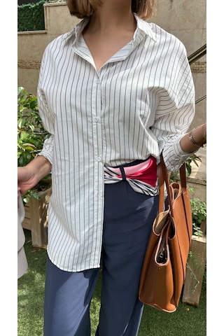 Elif Tarakçı Butik Pamuklu Çizgili Gömlek Mavi Çizgili