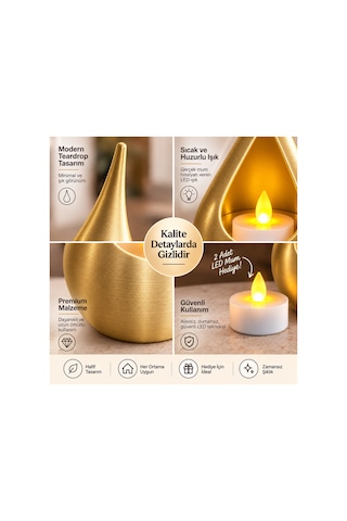 2 Li Dekoratif Mumluk Seti Modern Teardrop Tasarım, 2 Adet Led Mum Hediyeli, Şık Ev Dekorasyonu - Pembe Açık 66982815