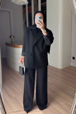 Ka Hijab Vatkalı Taşlı Ceket Pantolon Takım - Siyah