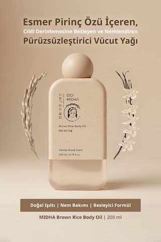 Midha Brown Rice Esmer Pirinç Özlü Besleyici ve Nemlendirici Vücut Yağı 200 ML