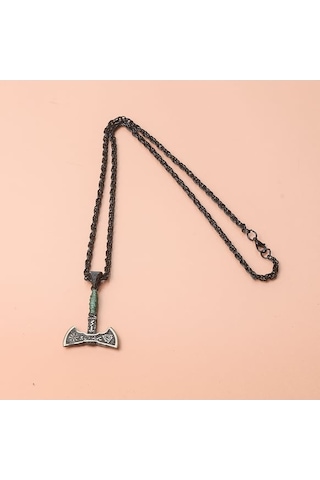 Viking Çift Taraflı Balta Yeşil İpli Erkek Kolye Çelik İskandinav