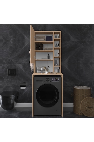 Asra Trend Çamaşır Makinesi Üstü Banyo Dolabı BD-02 %100 MDF Kapaklı Organizer Raf Sonoma Meşe