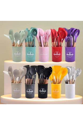 Kangvka Ahşap Saplı Silikon Mutfak Gereçleri 12'li Set - Tencere Uyumlu, Yıkama Kolay, Organize Depolama Kova İle Pembe Diğer