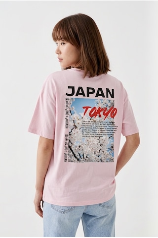 Hoxie Unisex Pembe Oversize Tişört - Minimal Tokyo Tipografi Baskılı
