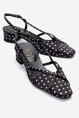 Luvishoes Olena Siyah Beyaz Puantiyeli Kadın Topuklu Sandalet