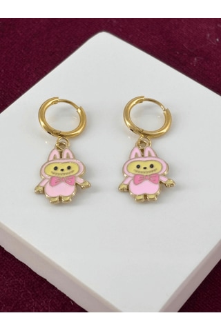 Pembe Renkli Labubu Gold Küpe Gold