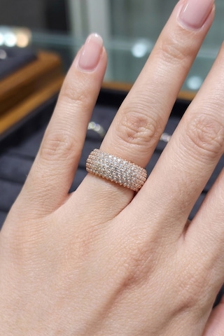 925 Ayar Gümüş Yüzük 5 Sıra Tamtur Yüzük - Zirkon Taşlı Kalın Rose Pırlanta Işıltılı Fantezi Yüzük Lüks Alyans Barcode Pembe Altın