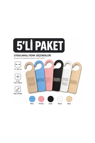 Arliadesign 5 Li Kişiye Özel Ahşap Kapı İsimliği 8x20 Cm Renk Seçenekli Kapı Askısı