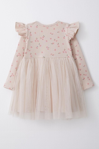 Breeze Kız Çocuk Uzun Kollu Elbise Çiçekli Fiyonklu Tüllü 1.5-5 Yaş, Bej-bej Bej