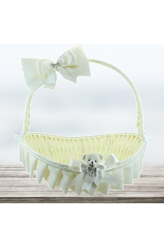 Saplı Oval Kumaş Süslü Sepet 36 Cm Orta Boy Krem