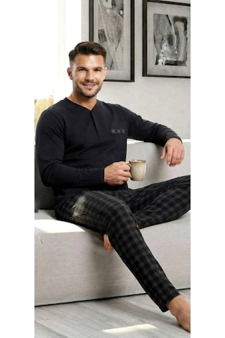Erse Uzun Kol Pamuklu İnterlok Erkek Pijama Takımı Siyah - 9012024987695