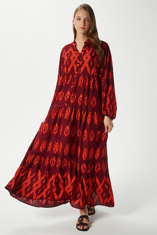 Modest Megan Turuncu Kadın %100 Viskon Maksi Boy Katlı Balon Kol Uzun Yazlık Elbise Turuncukırmızı